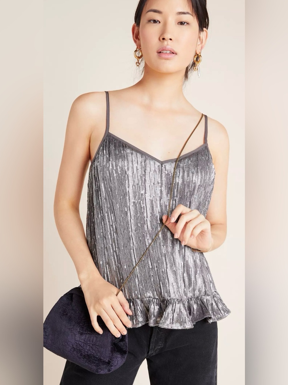 Anthropologie Silver Sequin Ruffle Hem Chiffon Spaghetti Strap Cami 12